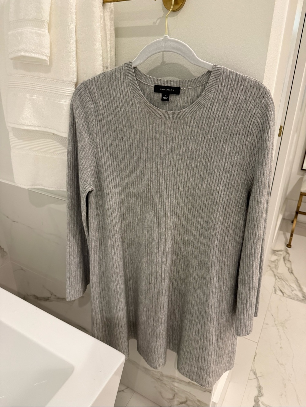 Ann Taylor Gray Ribbed Crew Neck Sweater Dress